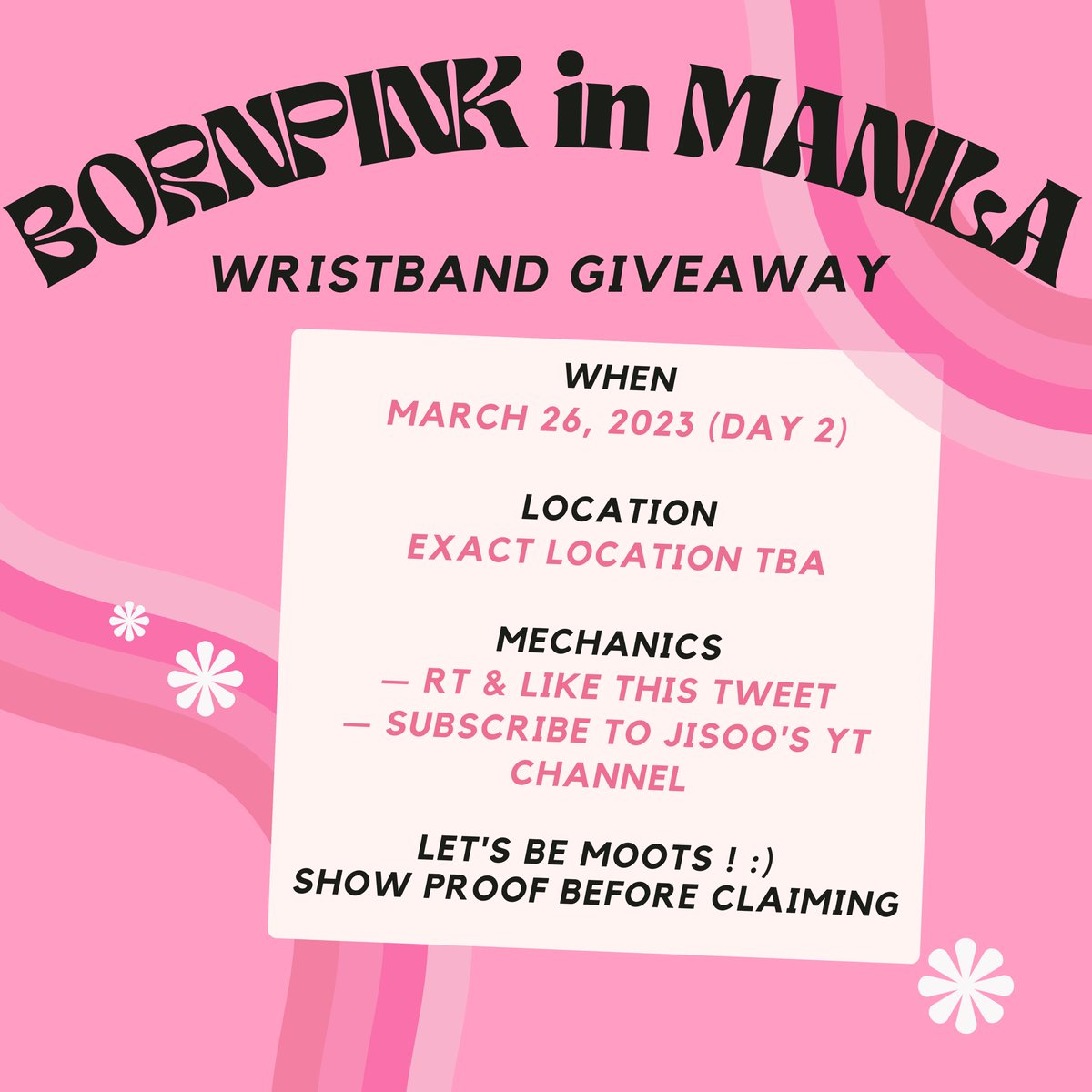 kthsooya's tweet photo. #BORNPINKMANILA_BULACAN freebies / giveaway 🪩✨

i’ll be giving away bornpink wristbands for day 2 babes 💖

don’t forget to read the mechanics 🫶🏼 https://t.co/VgFwkk2MOO
