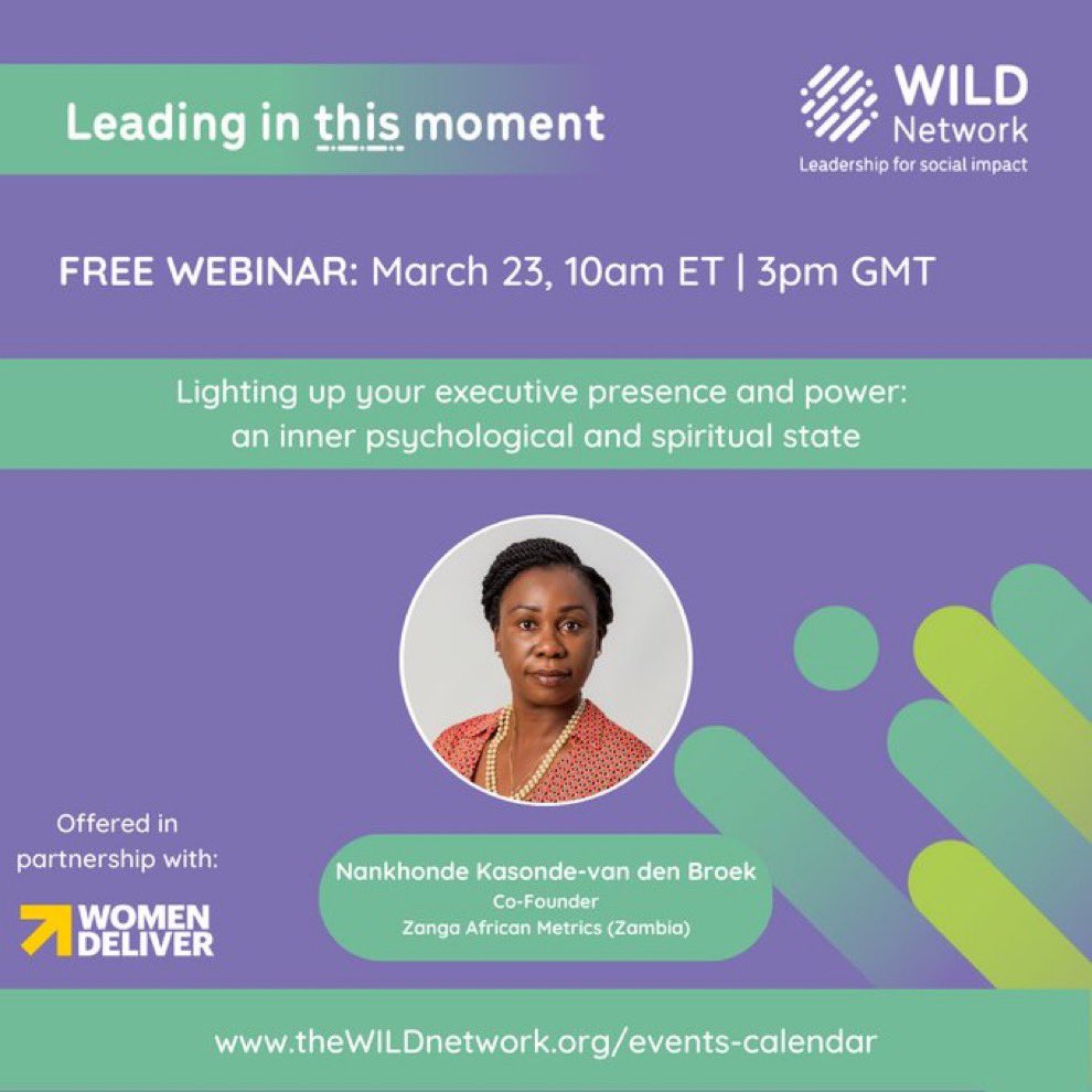 F_Macaulay's tweet photo. 📣 Webinar: “Light up your executive presence and power.”
🗓️ Thurs, March 23
🕚 10am ET | 3pm BST
Free to register: https://t.co/iqBJeOXG0K
Led by @Nankhonde 🇿🇲
Offered in partnership with @WomenDeliver #wildleaders https://t.co/72WppKJWy9