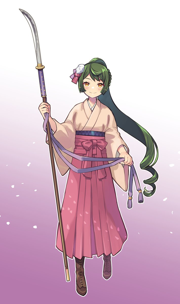 1girl weapon solo long hair green hair japanese clothes polearm  illustration images