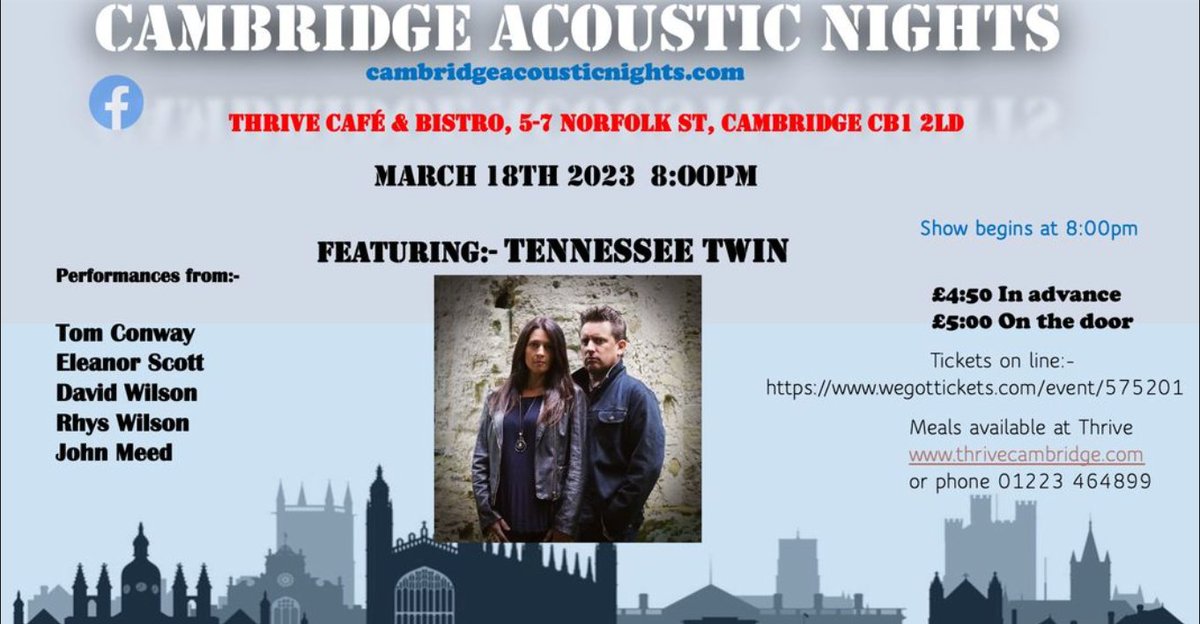 tennesseetwinuk's tweet photo. 🎸🎤🎸 Cambridge Gig Tonight!!! 🎸🎤🎸

Catch our headline set at Cambridge Acoustic Nights tonight at the lovely @thrivecambridge Cafe!

8pm start tickets https://t.co/8rEJKO2ZWP

#cambridge #livemusic #countrymusic #ukcountrymusic #country #folk #americana https://t.co/9CHWSiE158