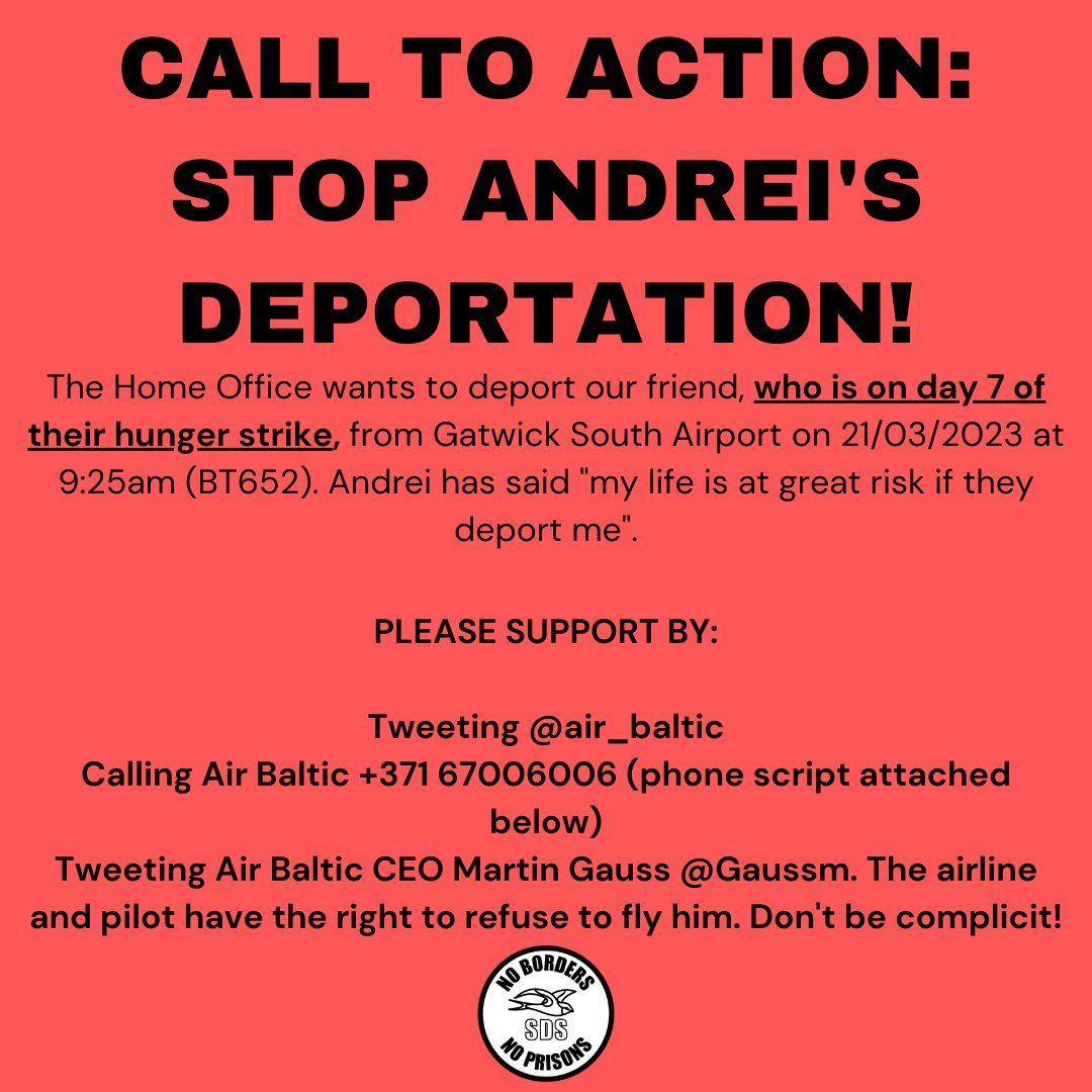 🚨 URGENT CALL TO ACTION 🚨

The Home Office are trying to deport our friend Andrei on Tuesday morning.

He has been on hunger strike for 7 days to protest the inhumane treatment he has been subjected to, and the threat deportation poses to his life.

⬇️ How you can help: ⬇️