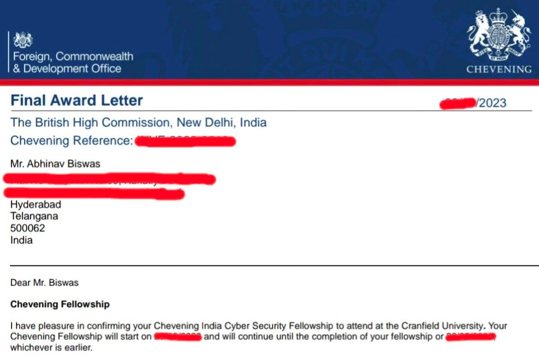Abhinav Biswas (@abhinav_biswas) on Twitter photo Thrilled to share, I've been selected for the prestigious #Chevening #CyberSecurity #Fellowship program at Defence Academy of UK🇬🇧 in association with <a href="/CranfieldUni/">Cranfield University</a> & funded by <a href="/FCDOGovUK/">Foreign, Commonwealth & Development Office</a>. Grateful to #BritishHighCommission <a href="/UKinIndia/">UK in India🇬🇧🇮🇳</a>🇮🇳 & <a href="/CheveningFCDO/">Chevening Awards🇬🇧</a> for making this possible. Thrilled to share, I've been selected for the prestigious #Chevening #CyberSecurity #Fellowship program at Defence Academy of UK🇬🇧 in association with <a href="/CranfieldUni/">Cranfield University</a> & funded by <a href="/FCDOGovUK/">Foreign, Commonwealth & Development Office</a>. Grateful to #BritishHighCommission <a href="/UKinIndia/">UK in India🇬🇧🇮🇳</a>🇮🇳 & <a href="/CheveningFCDO/">Chevening Awards🇬🇧</a> for making this possible.