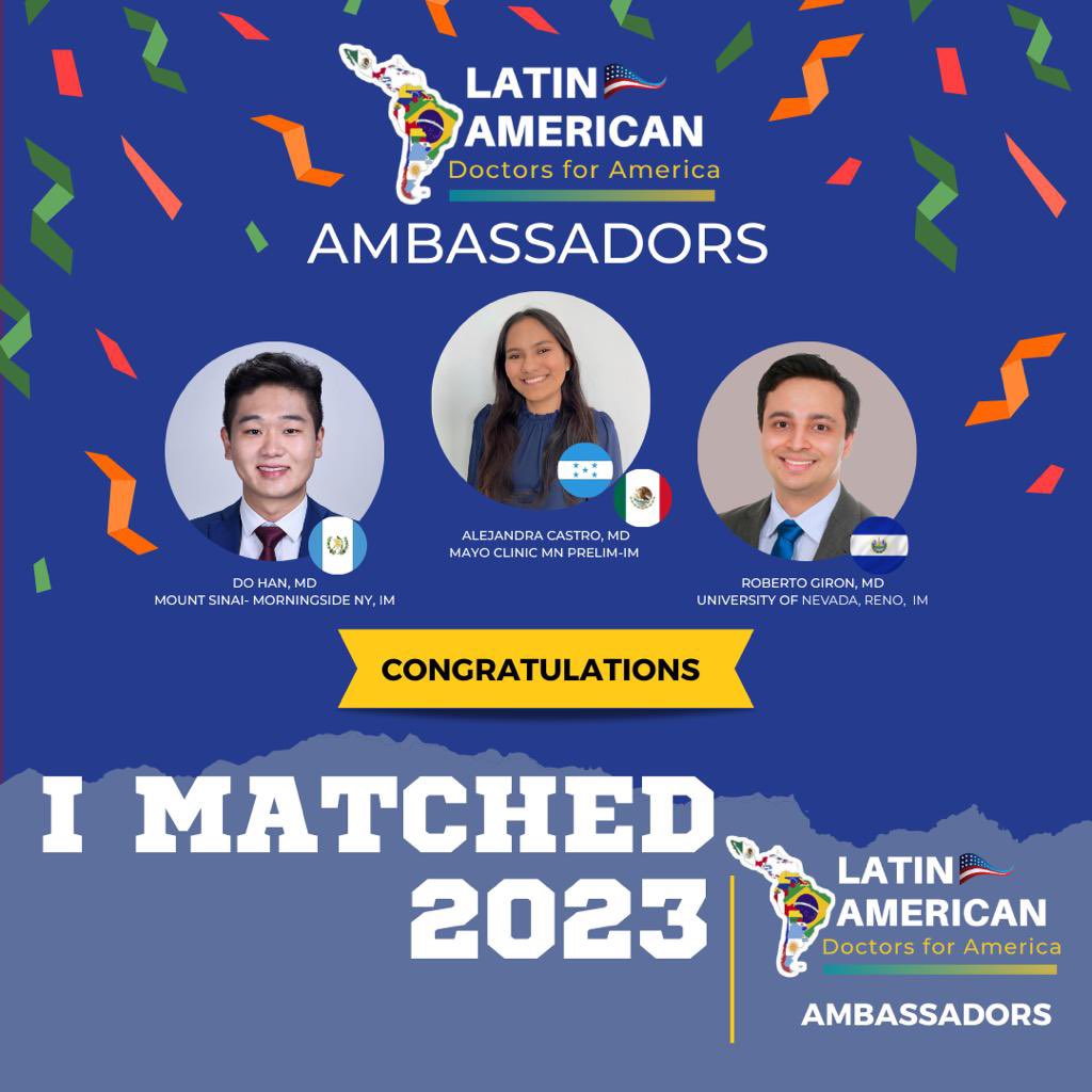 AmericaDoctors's tweet photo. We are thrilled to share the  #Match2023 results from our ambassadors. 

@Do_Han_Kim @AleCastro96 @RobertGiron  🇭🇳🇲🇽🇬🇹🇸🇻
💎Thanks for your #DEI in advocacy efforts. #MedTwitter https://t.co/PI2lh9YJcg