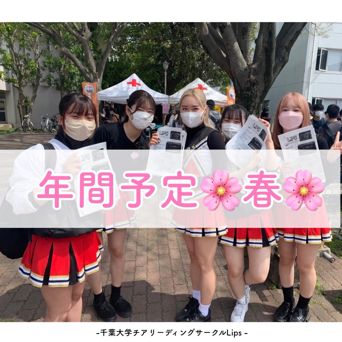 lips_cheer's tweet photo. こんにちは！チアリーディングサークルLipsです💄🤍

新歓企画第三弾！

本日から年間予定の投稿です！
今回は春編です🌸

春といえば新歓の時期📛
Lipsは毎年新歓公演を行なっております！今年もサークルの日に公演を行うので、ぜひお越しください！詳細は後日💭

明日は夏編です🌻

#春から千葉大 https://t.co/h9qxQgYXqt