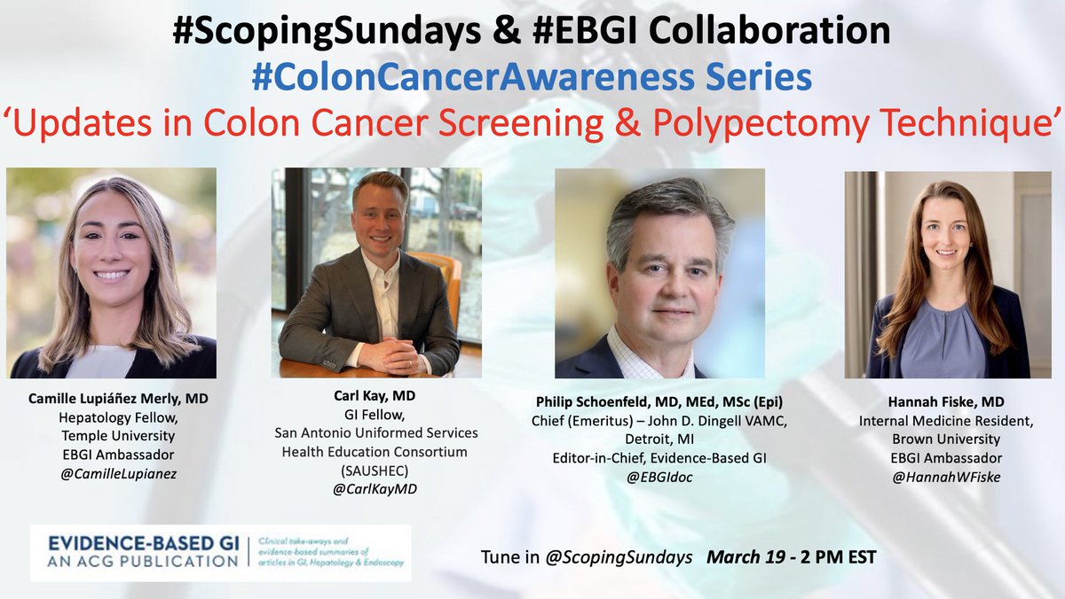ScopingSundays's tweet image. 🔵#ColonCancerAwarnessMonth🔵

Tomorrow -Join Us- @ACG_EBGI &amp;amp; #ScopingSundays collaboration 🔥🔥

The topic near &amp;amp; dear to every #GI’s 💙-“Updates in CRC Screening &amp;amp; #Polypectomy technique”

Moderated by @CarlKayMD, @HannahWFiske &amp;amp; @CamilleLupianez -&amp;amp; our Expert Guest @EBGIdoc!