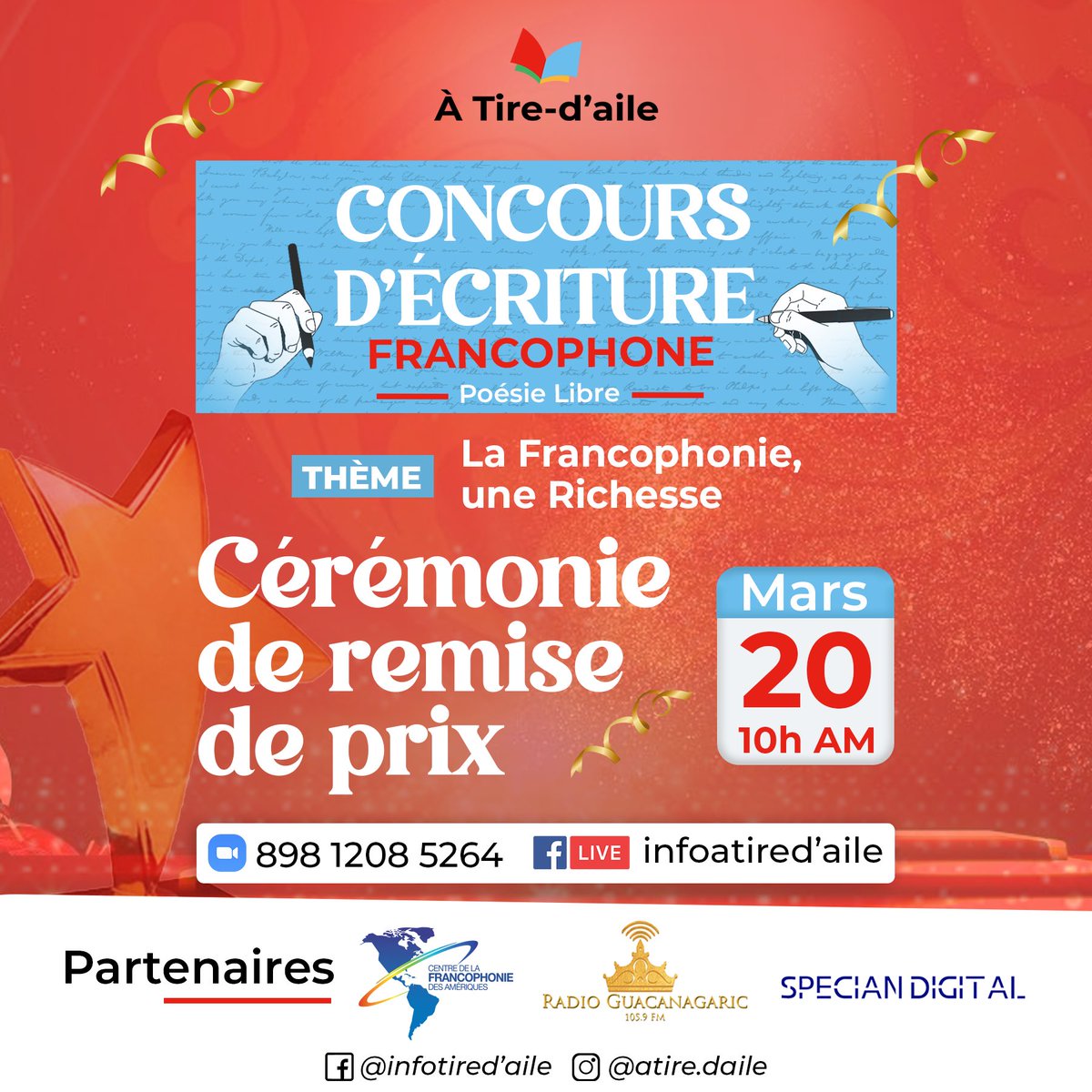 rjemmanuel25's tweet photo. Soyez des nôtres ce lundi 20 mars à 10:00 (Heure avance de l’Est) sur la plateforme ZOOM pour assister à la remise de Prix. 
ID : 898 1208 5264 https://t.co/3GjEC8U4ao
