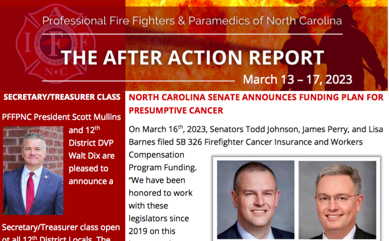 The PFFPNC e-newsletter for March 13-17 is now posted and includes information about SB 326 Firefighter Cancer Insurance and Workers Compensation that was filed this week. We also announce dates of an upcoming Secretary/Treasurer class.

READ: pffpnc.org/newsletters/