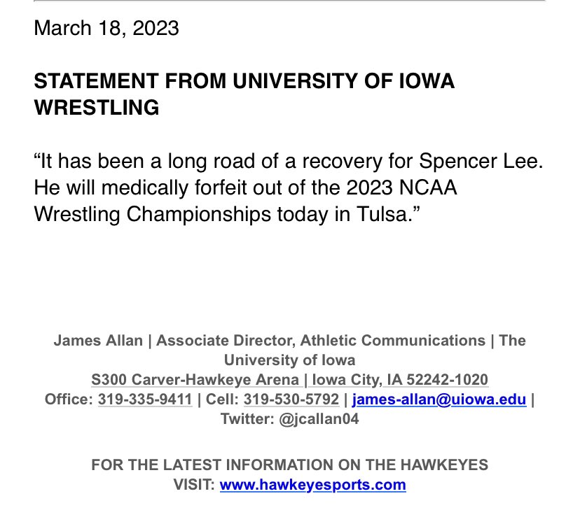 K.J. Pilcher on Twitter "Iowa’s Spencer Lee will medically forfeit