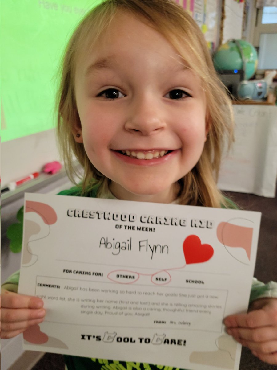 Abigail is my Crestwood Caring Kid of the week! She has been reaching her goals and growing so much. She is also a compassionate and caring friend to others every day. Proud of you, Abigail!!