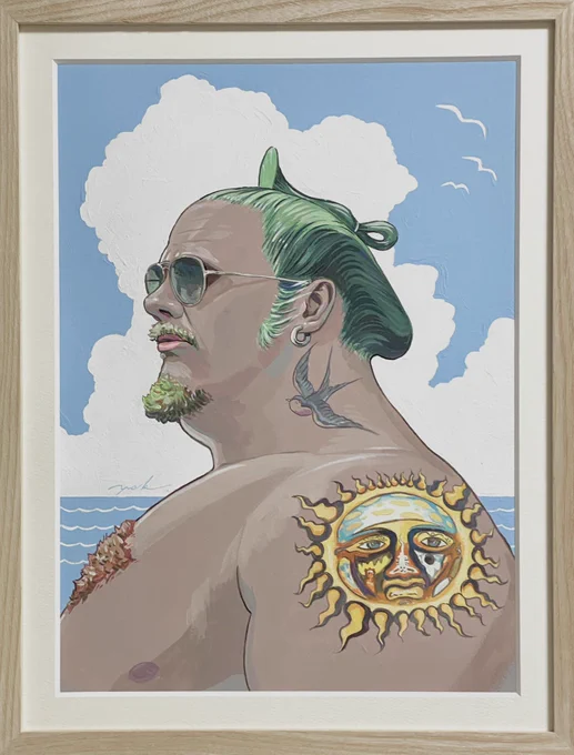 大阪のsmilin in the sunshineさんで相撲がテーマにグループ展に今年も参加してます。「Sumo on the beach」Acrylic gouche on paper Artwork 278×378mm Framed 304×394×22mm  