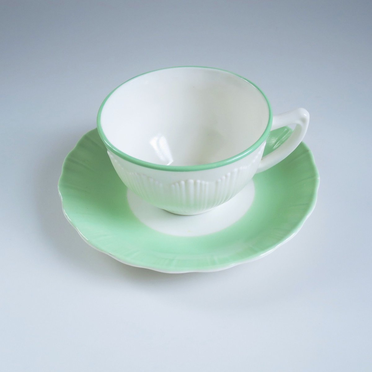 Vintage Macbeth Evans Tea Cup and Saucer Set in Mint Green, Cremax Bordette Teacup Set tuppu.net/52a3a28b #SMILEtt23 #EtsyteamUnity #Vintage4Sale #TMTinsta #AntiqueGlass