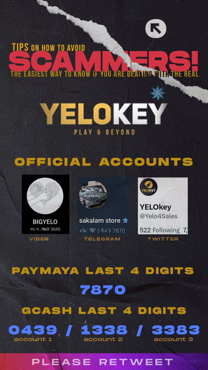 Ways to know if you are dealing with YELO or a SCAMMER! ‼️💯 OFFICIAL ACCOUNT Twitter @Yelo4Sales Viber 0919xxx5645 Telegram @yelo4sales 🚀 Mke sure na yung ibbgay na gcsh or pymya account is lsted dwn. If wl dyn sa mga lst 4 dgits na yan, hndi ako yn & surely ull get scammed