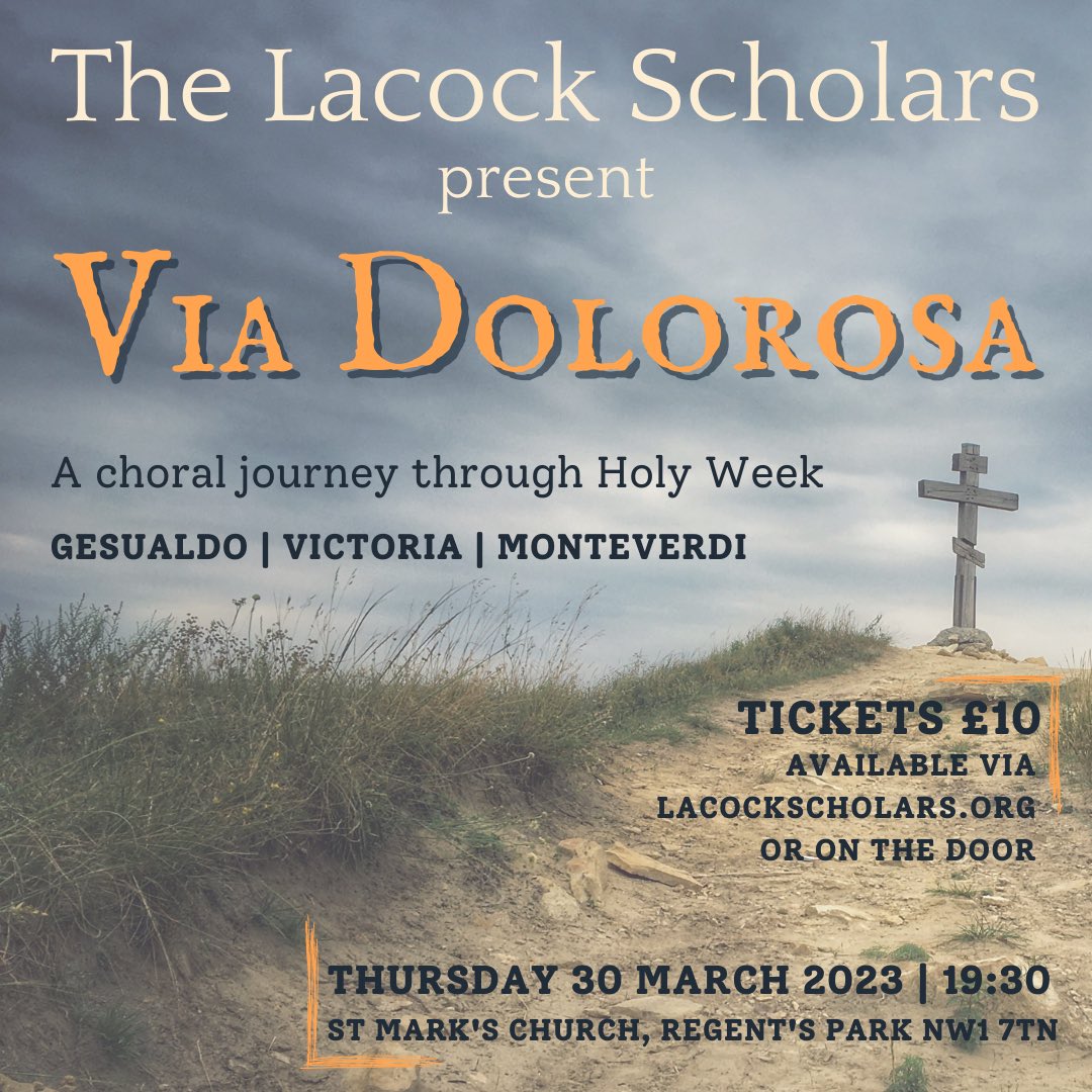 LacockScholars's tweet photo. We’re back on Thursday 30 March!

⏰7.30pm on Thursday 30 March
📍 St Marks Church, Regents Park
🎟️ £10 from https://t.co/elqgxGSFIk 

Via Dolorosa is a presentation of a sequence of choral music following the emotional journey taken from Palm Sunday to Holy Saturday. https://t.co/mTvmMQKbxc