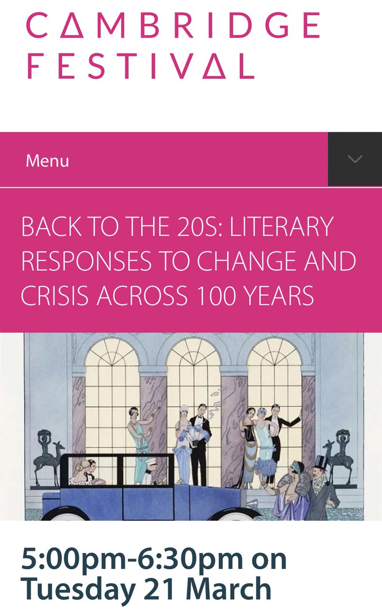 JCBretan's tweet photo. Looking forward to speaking alongside @lucyissyrogers and Spandan Bandyopadhyay next week, on our ‘Back to the 20s’ panel for @Cambridge_Fest - 5.00-6.30pm, 21st March, in GR06/7,
@englishunicam. https://t.co/CGyn2Ffdyf