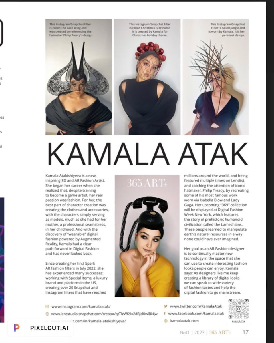 Thanks 365 Art + Magazine for the interview!

<a href="/365ArtplusMag/">365Art+Magazine</a> is a magazine about Fashion and Art from Japan🤩

#digitalfashion #3dfashion #arfashion #augmentedreality #fashiontech #kamalaatak