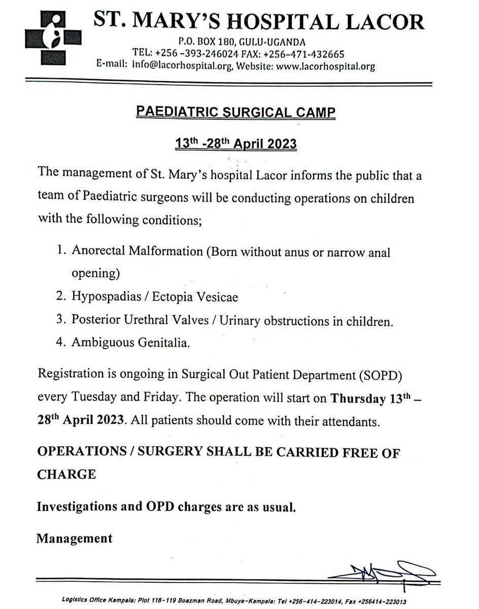 Spread this widely. Help a neighbour/friend #SurgicalCamp #LacorHospital