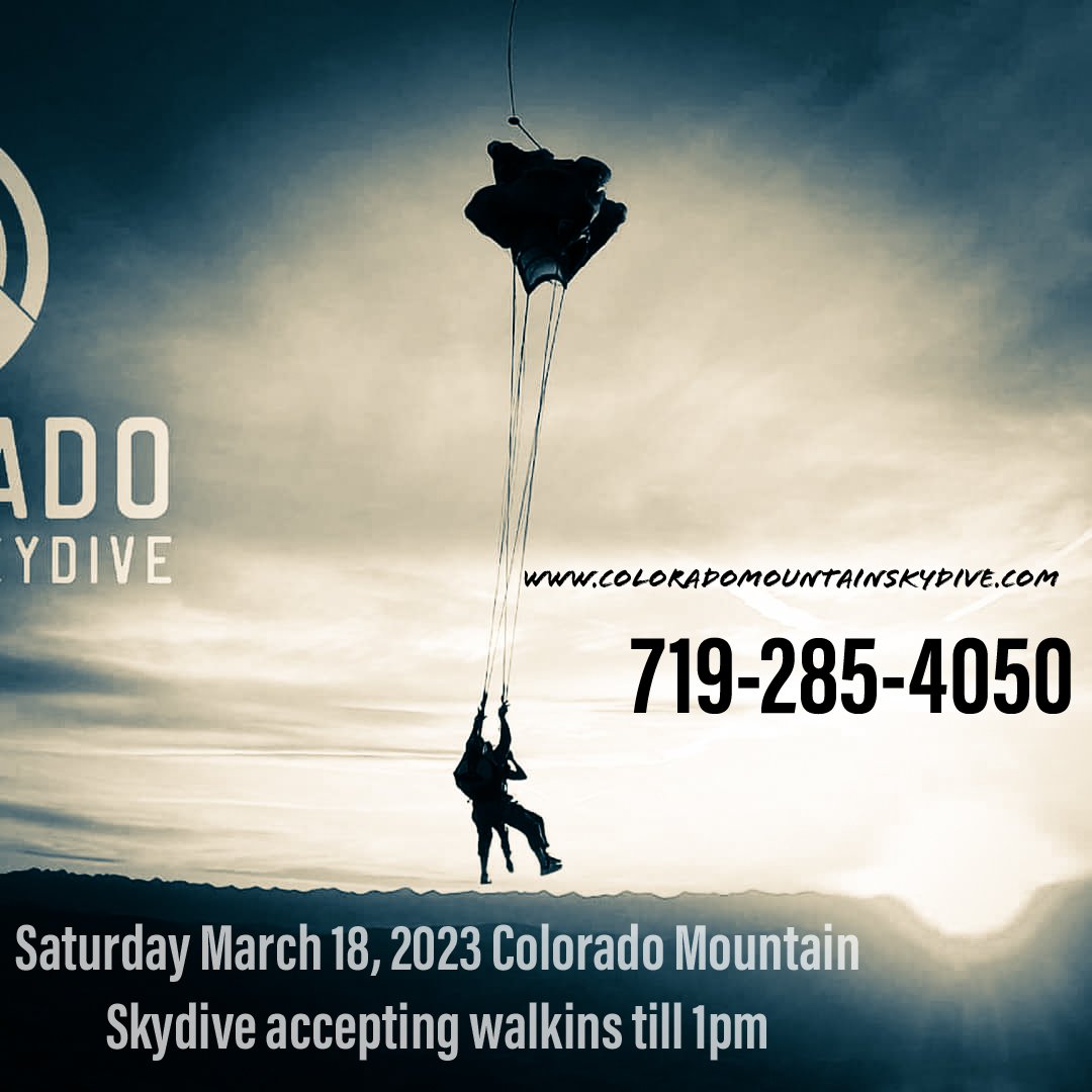 ColoradoSkydive's tweet photo. March 18, 2023 Colorado Mountain Skydive accepting walkins till 1pm 719-285-4050 #tandemskydive #thingstodo #coloradosprings #adventure #weekend #outdoors #royalgorge https://t.co/ue0y03evIF