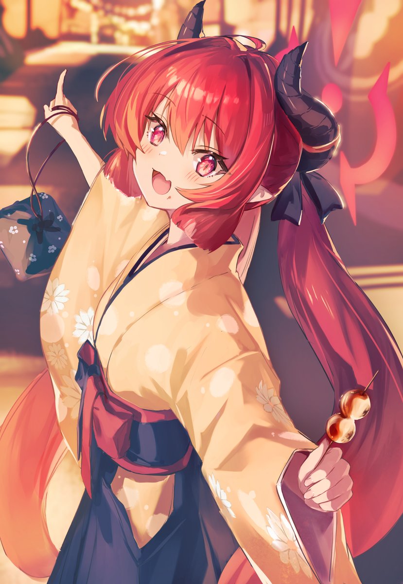 1girl horns food japanese clothes halo solo red hair  illustration images