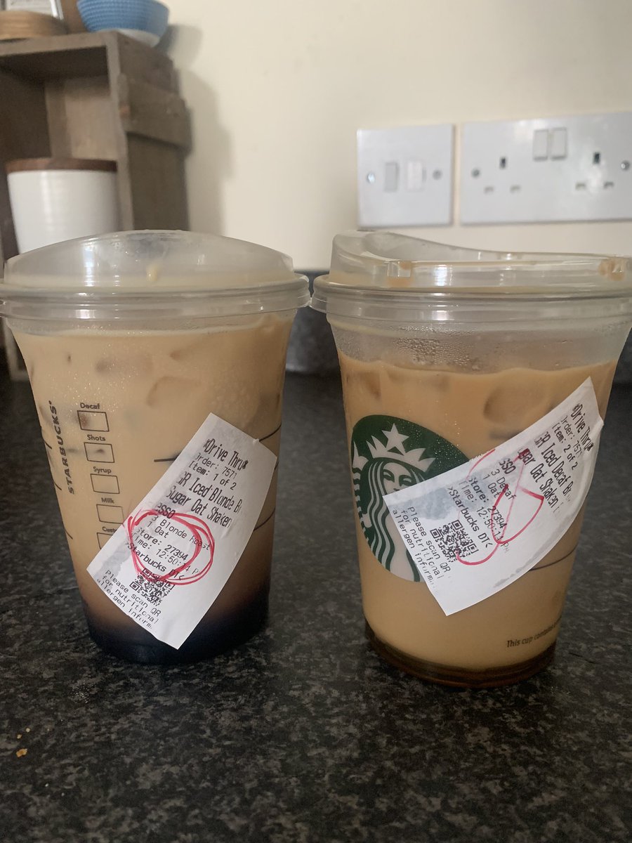 GibbsV's tweet photo. Super disappointing @StarbucksUK Iced Brown Sugar Oat Shaken Espresso! Spot the one with zero brown sugar flavour 😭 https://t.co/MQowGWLIo5