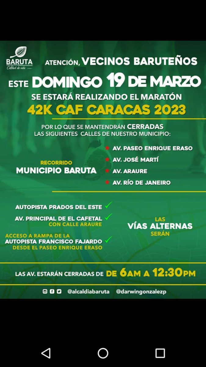 andresraulpaezp's tweet image. #Caracas no se paraliza sino que se moviliza este domingo  #16Marzo en maravilloso #MaratonCAF  org por @AgendaCAF con miles de  #runners ¡Conozcan @ReporteYa las rutas alternas @maraton_CAF y apoyen a nuestros corredores ! @AlcaldiaBaruta @PoliBaruta @PNBVzla  @BarutaEnMov