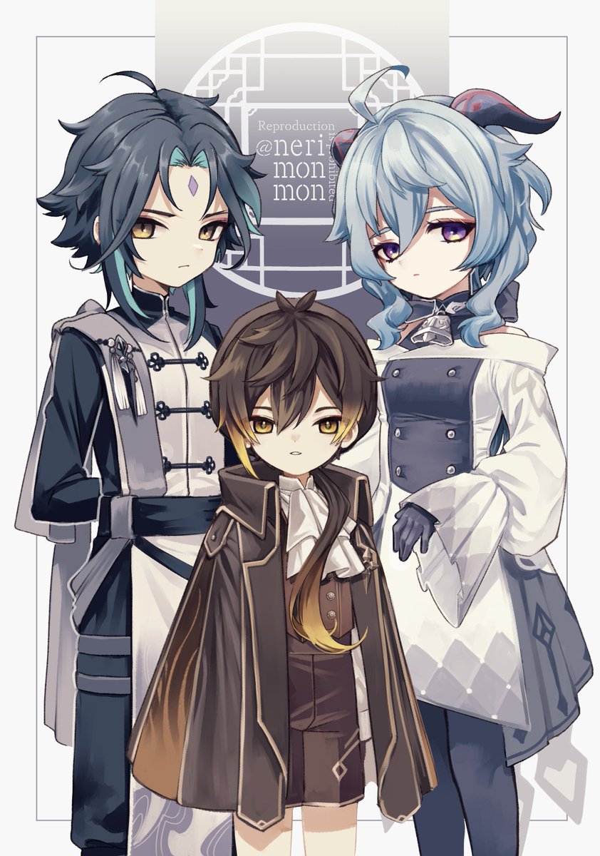 ganyu (genshin impact) ,xiao (genshin impact) ,zhongli (genshin impact) 1girl horns 2boys multiple boys blue hair forehead mark facial mark  illustration images