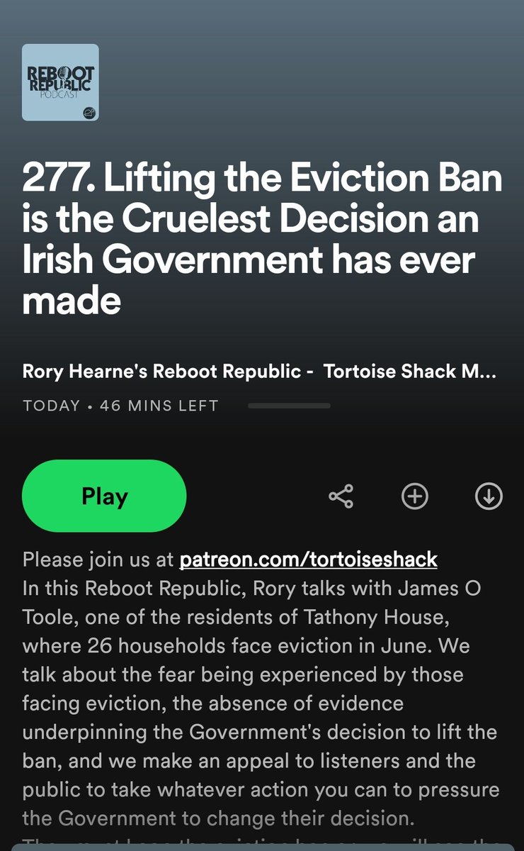 If the Government lifts the #EvictionBan
Ireland will experience the highest number of evictions since the Famine
This is the cruellest decision an Irish Government has ever made.
I discuss on <a href="/RebootPod/">Reboot Republic</a> with James O Toole whos facing eviction
#Keeptheban 
open.spotify.com/episode/55DT3b…