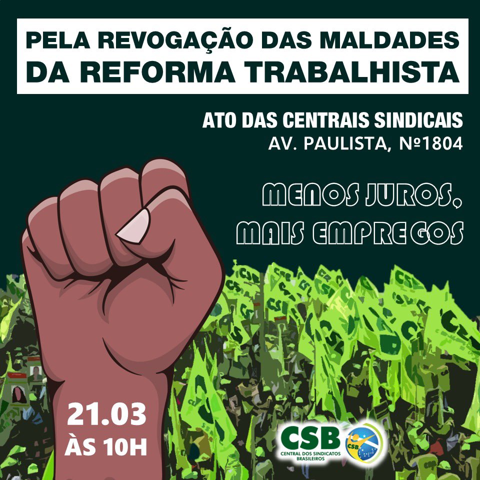 VAI TER LUTA! Vamos estar nas ruas na próxima terça-feira às 10h para dizer um basta aos juros altos e ao Cartel dos Bancos! 

A <a href="/CSBbrasil/">CSB - Central dos Sindicatos Brasileiros</a> também reafirma a sua luta pela revogação das maldades da Reforma Trabalhista. 

Compareçam! 

Em SP, o nosso encontro será na Av. Paulista,