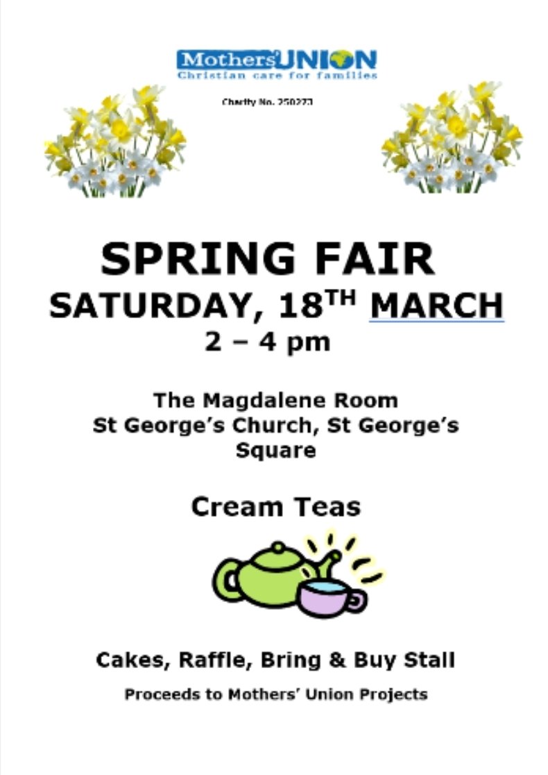 It's our Mothers' Union Spring Fair this afternoon - it's on until 4pm today!
Cream Teas
Cakes
Raffle
Bring and buy