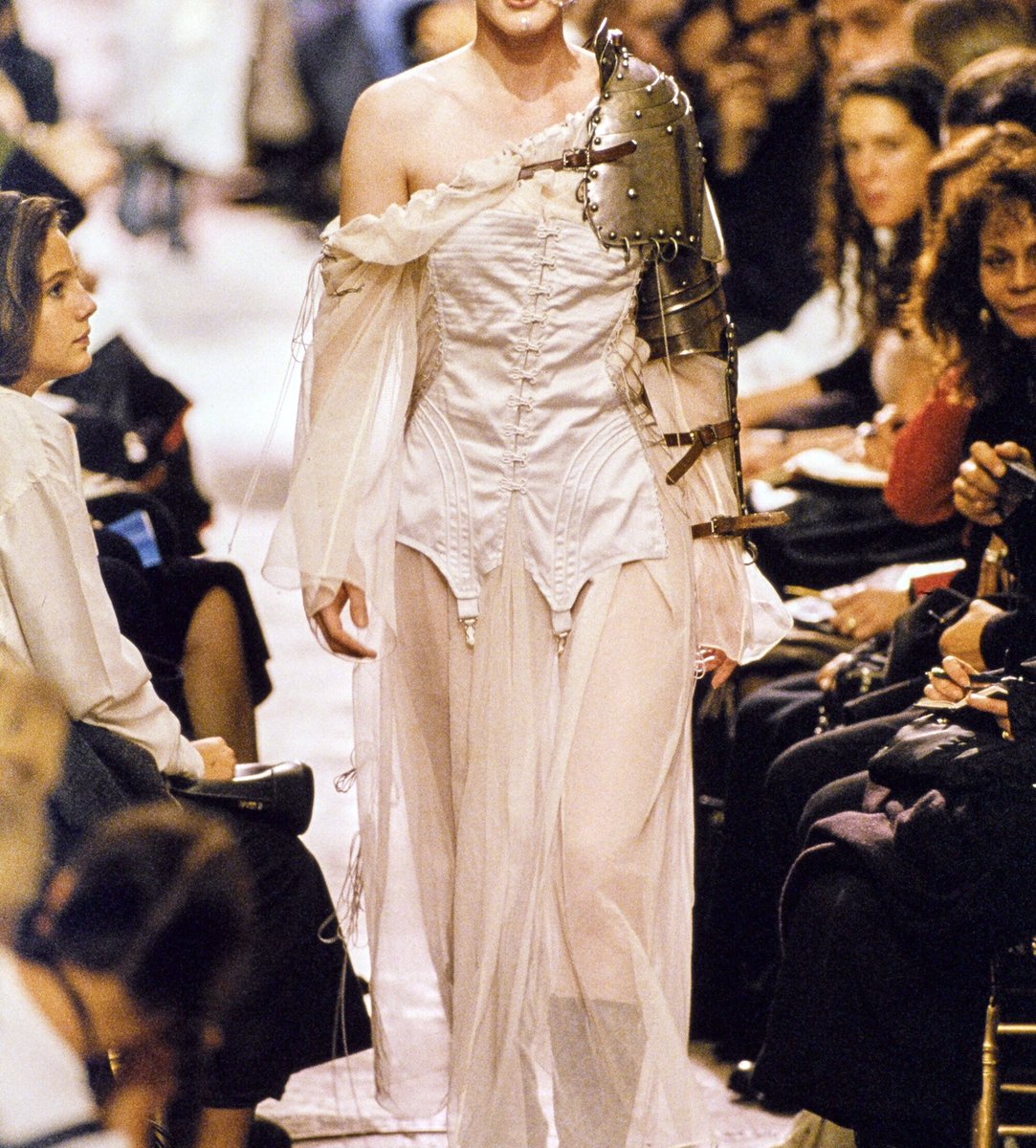 jean paul gaultier’s “joan of arc” s/s 1994 rtw cotton muslin corseted dress featured in vogue us, photographed by steven meisel
