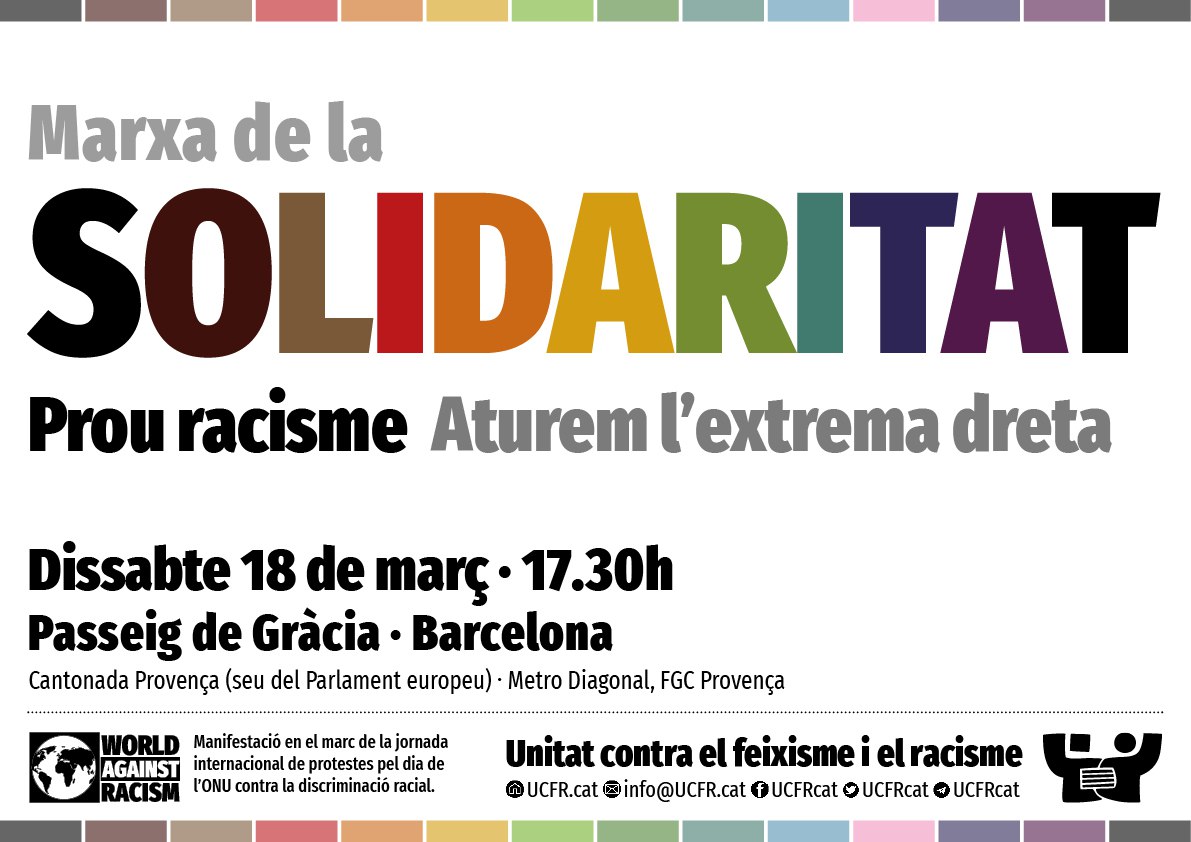 Aquesta tarda, es realitza la marxa de la solidaritat. Omplim els carrers per dir #ProuRacisme i per uns municipis de persones lliures i amb tots els drets. 

📍Ens veiem a Passeig de Gràcia/Provença a les 17h30!
A #LHospitalet, i arreu, aturem l'extrema dreta! ✊👫🐜