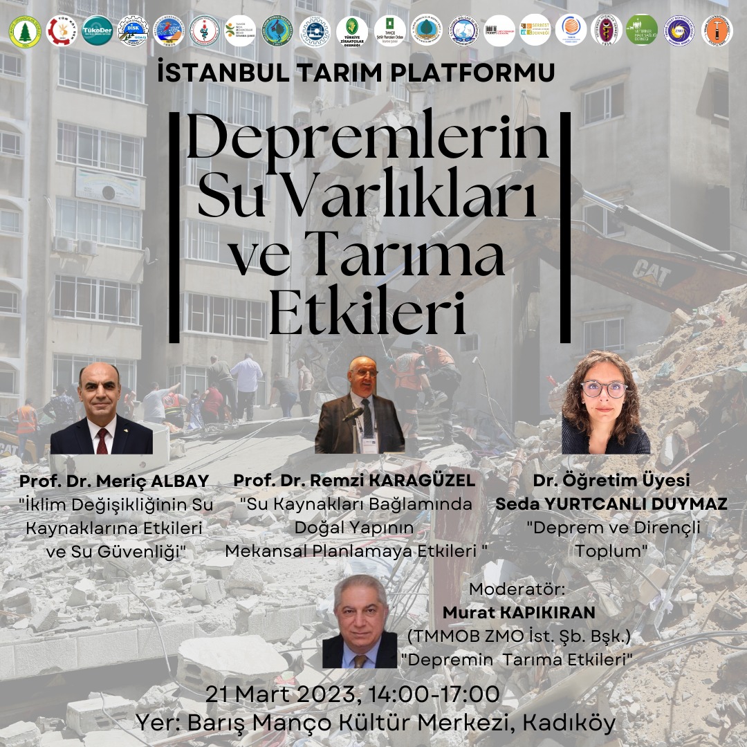 İstanbul Tarım Platformu tarafından 21 Mart 2023 Salı günü Kadıköy Barış Manço Kültür Merkezinde 14:00-17:00 saatleri arasında "Depremlerin Su Varlıkları ve Tarıma Etkileri" konulu panel düzenlenecektir.