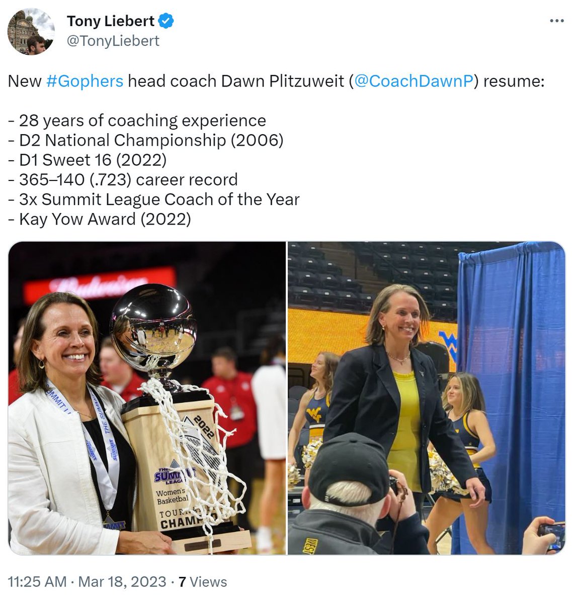 GopherHole's tweet photo. Dawn Plitzuweit (@CoachDawnP) has won at every level she has been. #Gophers got a good one!! https://t.co/PPVyG3rNf8 https://t.co/05X8uupZxn