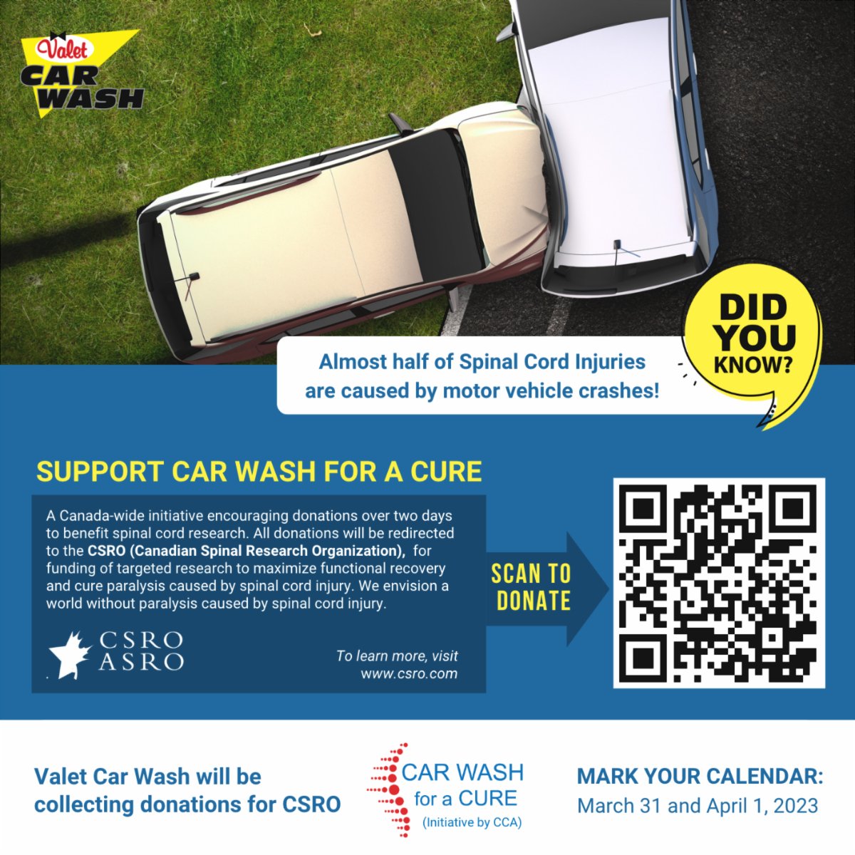 valet_car_wash's tweet image. #CanadianCarwashAssociation in collaboration with #CanadianSpinalResearchOrganization is collecting donations for funding research related to maximize functional recovery and cure paralysis caused by spinal cord injury.

You can also scan to donate!

#spinalresearch