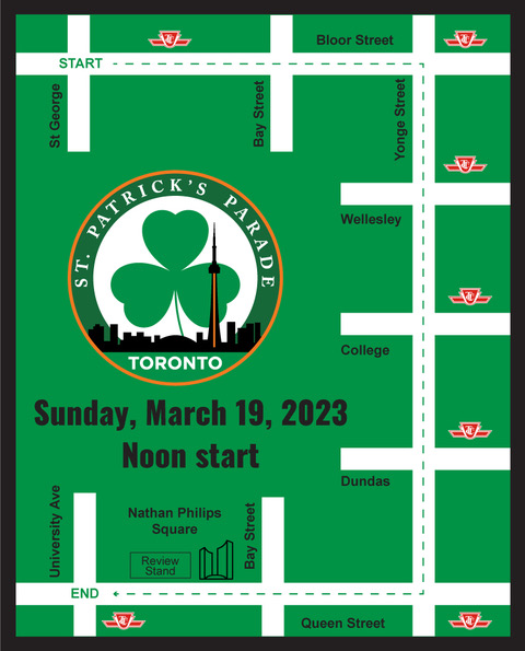 StPatricksTo's tweet image. The St. Patrick's Parade kicks off on Sunday at noon at the corner of St. George and Bloor. It heads east across Bloor before turning south down Yonge. Marchers make a final turn onto Queen St. West before finishing outside Nathan Phillips Square around 3:00pm. See you there!