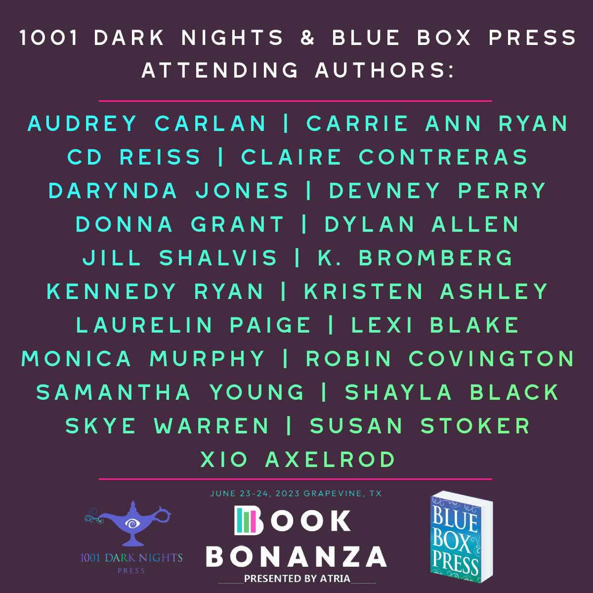 AudreyCarlan's tweet photo. June is fast approaching, and I've got to know... who will I be getting the chance to meet in Texas at #BookBonanza ? Here's the list of some of my fellow #BlueBoxPress &amp; #1001DarkNights authors that are attending! 
📚
Who are you hoping to see? Because, friends, I've got a whole https://t.co/6jnHK2oYjN