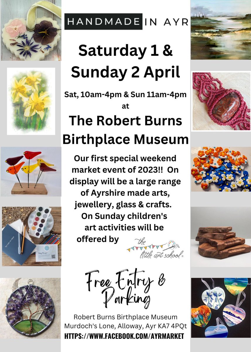 In 2 weeks hop along to our Handmade in Ayr Market  event at the Robert Burns Birthplace Museum. Many Ayrshire makers with a selection of unique jewellery, art, crafts and gift ideas for Easter 🐣  The Little Art School will be there on Sunday offering children’s art activities.