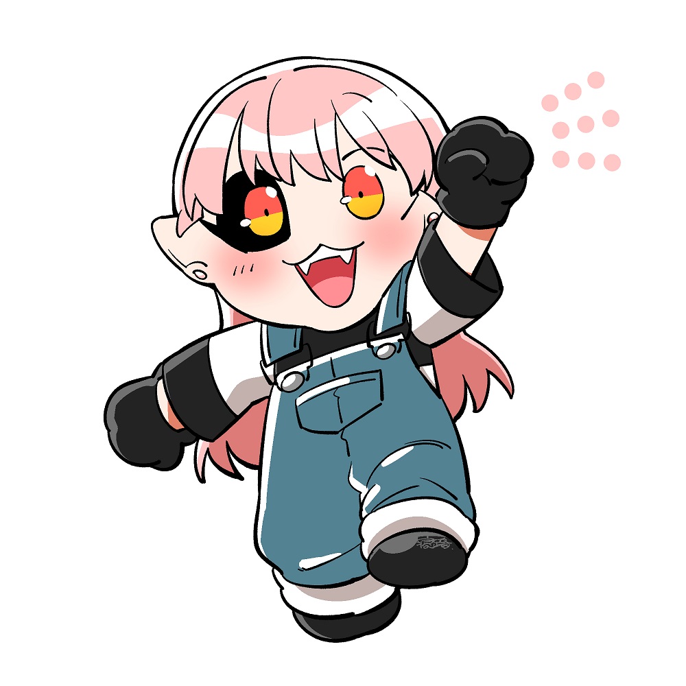 1girl overalls pink hair solo colored sclera fangs white background  illustration images