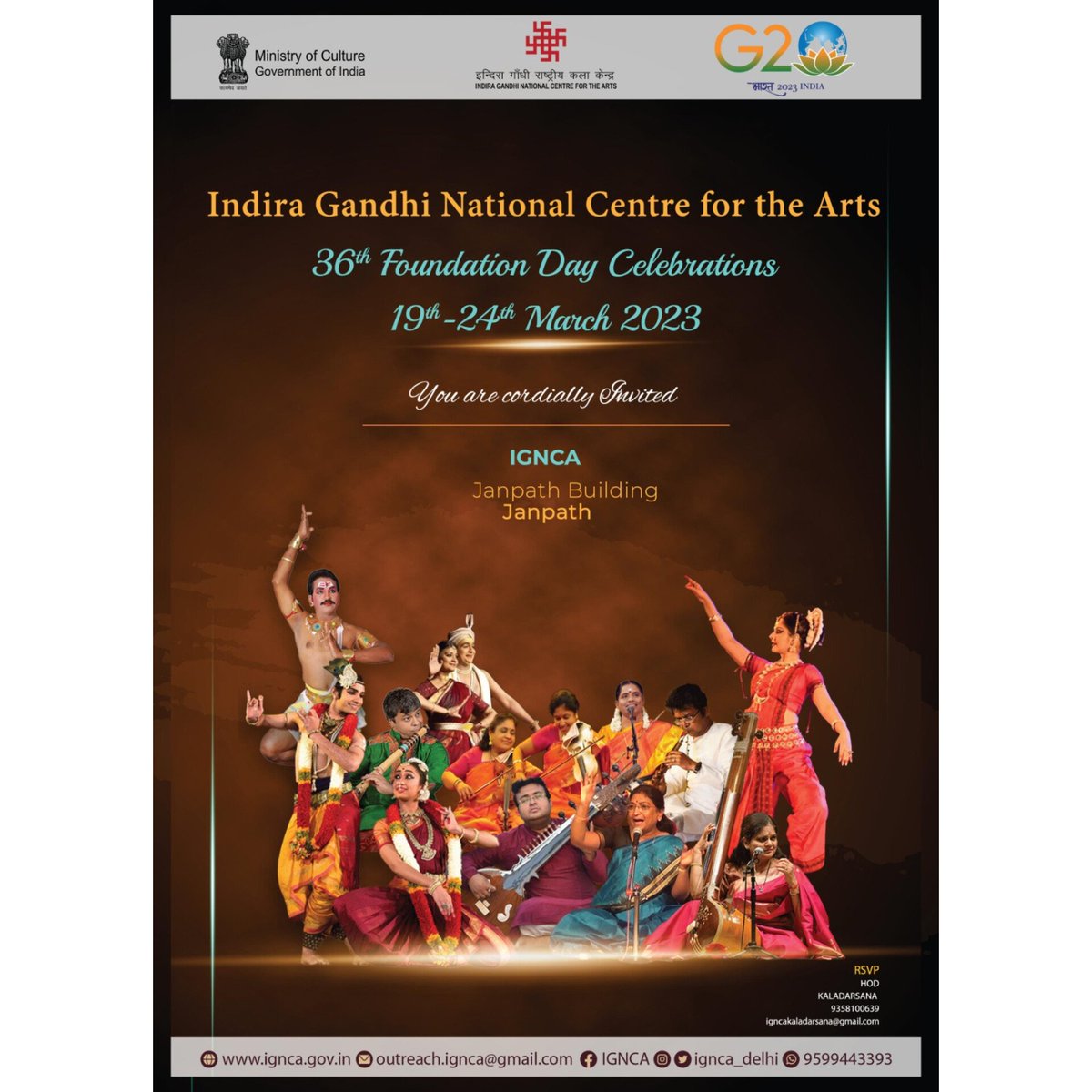 ignca_delhi's tweet photo. #IGNCA cordially invites you to its #FoundationDay celebrations from 19th to 24th March, 2023. The week-long events being organised on this occasion will include cultural performances, exhibitions, seminars, lectures, book release, book discussion, etc.
@PMOIndia @MinOfCultureGoI https://t.co/TnFZTCAFQr