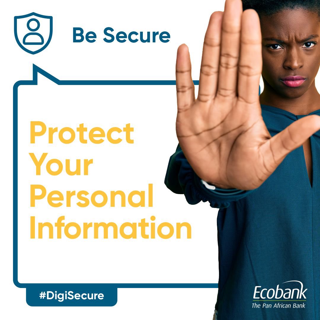 EcobankRW's tweet photo. Cybercriminals can use your personal information to impersonate you and hack into your online accounts. Protect yourself by using strong passwords that contain numbers, special characters as well as upper and lowercase letters. Be #DigiSecure https://t.co/6BWB0IvovY