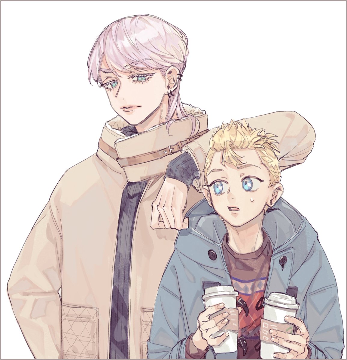 blue eyes blonde hair 2boys cup holding multiple boys holding cup  illustration images