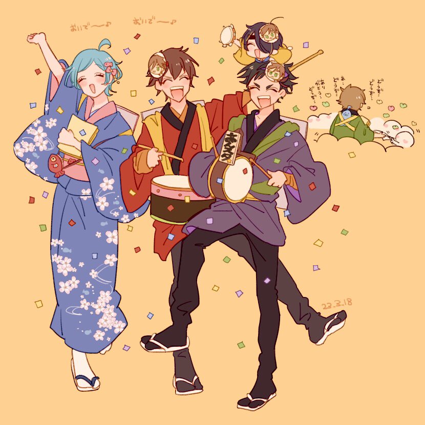 japanese clothes drum multiple boys kimono brown hair instrument drumsticks  illustration images