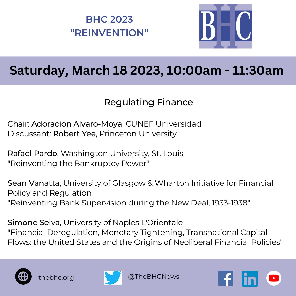 TheBHCNews's tweet photo. Next at #BHC2023
๐
Saturday March 18, at ๐ 10 am, a great schedule of panels #bizhis on #gender #ethics #finhis #finance #regulation #pandemic #entrepreneurship and much more! https://t.co/Hcsgjr8X0V