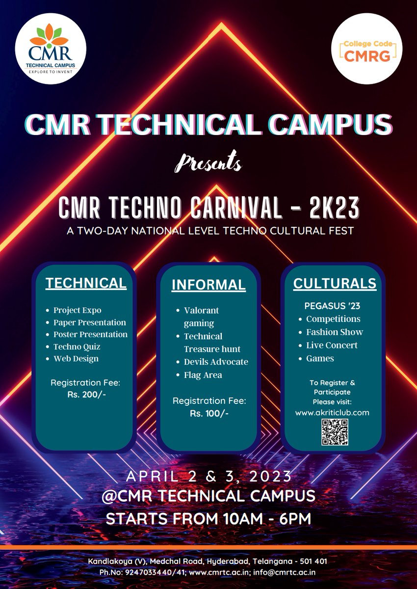 CMRTCofficial's tweet photo. Techno Carnival - 2K23
A Two Day National Level Techno Cultural Fest
#technocarnival
#CMRTechnicalCampus https://t.co/BSEvY4FYl2