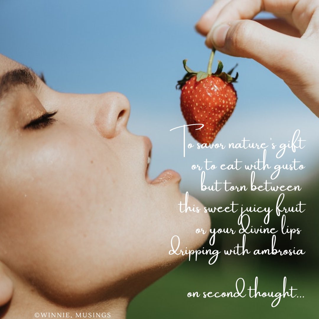 weng_suarez's tweet photo. To savor nature’s gift
or to #eat with gusto
but torn between
this sweet juicy fruit
or your divine lips
dripping with ambrosia
on second thought...
#vss365 #favfruit https://t.co/jSl4nt0DZ7