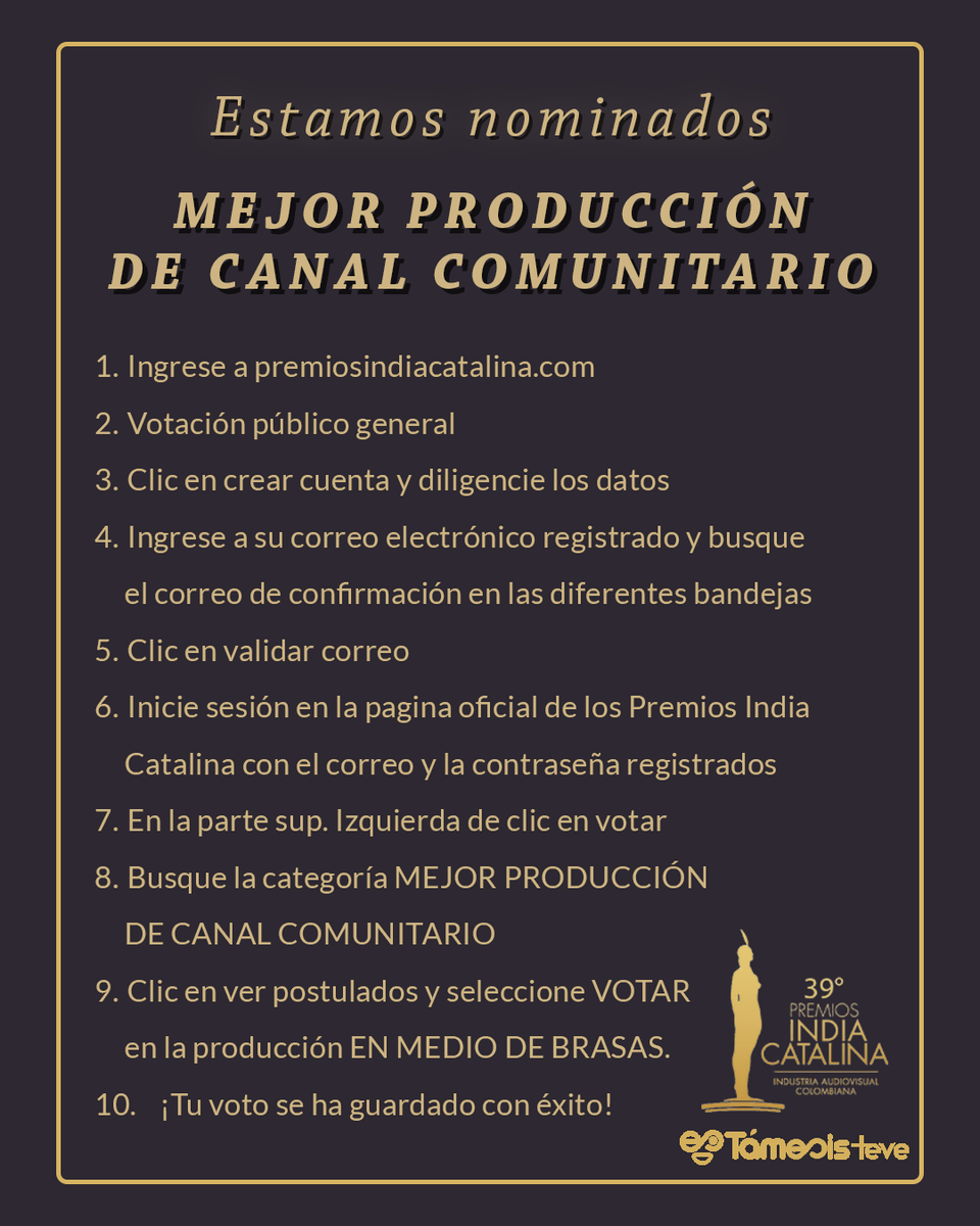 TamesisTeve's tweet photo. ¡Te compartimos el paso a paso para que ingreses a la página oficial de los @premiosindiacatalina y nos apoyes con tu voto!
#ContandoLoQueSomos https://t.co/YvROZh0AiB