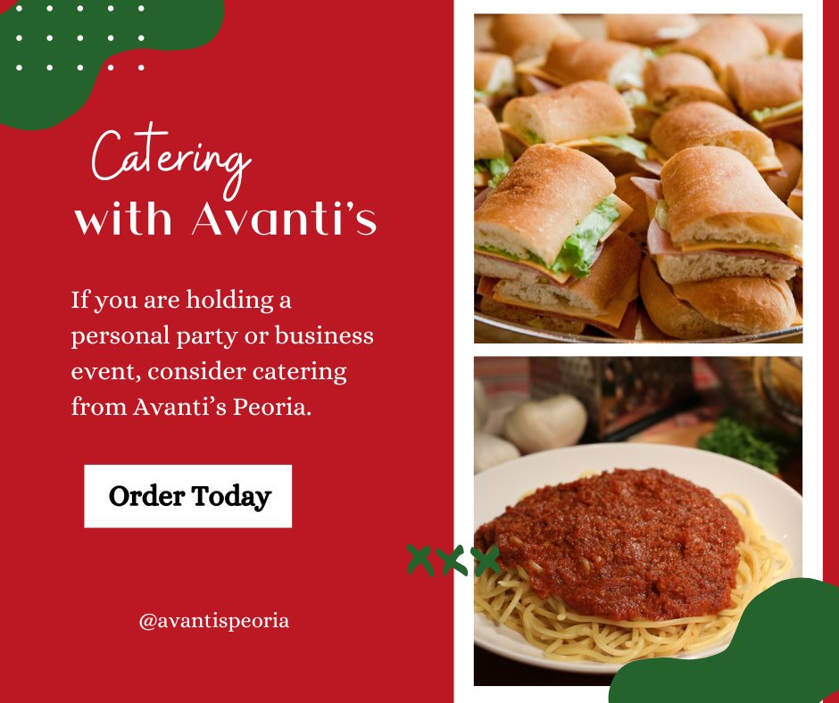 Our extensive catering menu offers many of the same delicious food you can order from the Avanti’s Peoria menu including appetizers, main courses, desserts, and drinks. We also provide all the equipment you need to present and serve the food at your event.