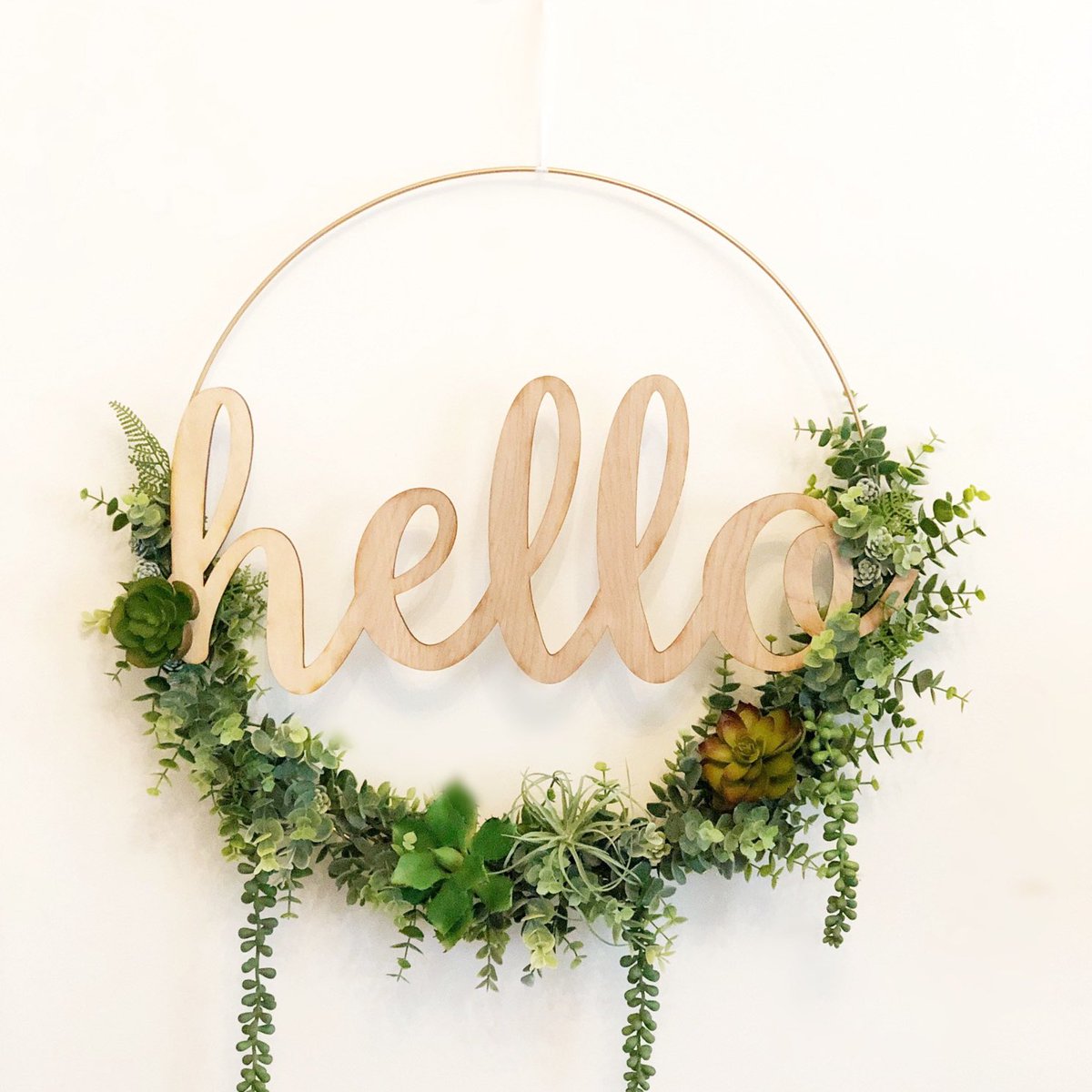 Excited to share this item from my #etsy shop: Farmhouse Style Wreath, Hello Hoop Wreath #mothersday #housewarming #farmhousewreath #lasercutwood #succulentwreath #airplants #wreathsucculents #greensucculents #modernhomedecor etsy.me/3LyilTp
