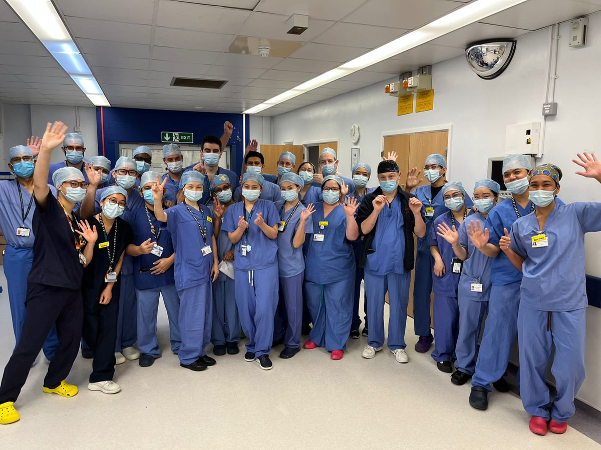 NHSEngland's tweet photo. Meet the team from @RoyalSurrey who treated a week’s worth of patients in a single day, which also happened to be World Cancer Day! 🙌

Using four theatres, five surgeons performed nine robotically assisted radical prostatectomies back-to-back, helping treat more patients. https://t.co/pmVHfdKATx