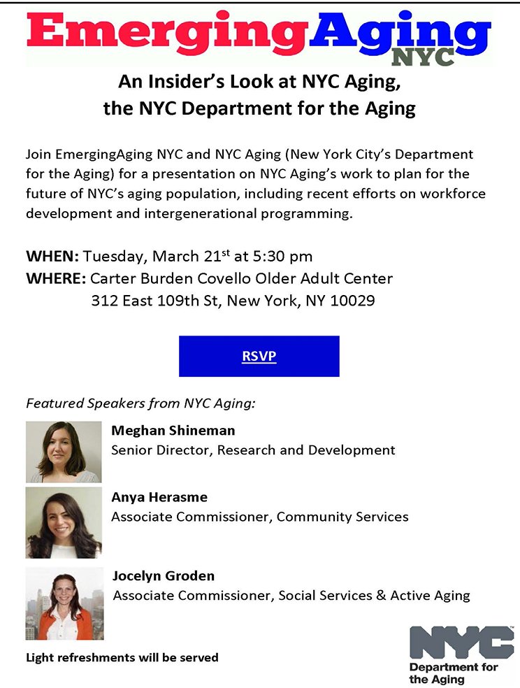 On Tuesday, hear from experts at #NYC Aging on what we're doing to support older adults.

The discussion is being organized with @AgefriendlyNYC and taking place in <a href="/CBurdenNetwork/">CarterBurdenNetwork</a> Covello OAC in East Harlem.

Sign up to join here: on.nyc.gov/3YIKVUW

#JoinUs #agingisageless