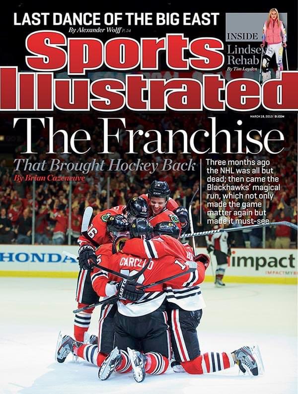 CHGO_Blackhawks's tweet photo. On this day in 2013, the #Blackhawks are dubbed “The Franchise That Brought Hockey Back” following the 2012-13 strike that shortened the season.

Chicago would win the President’s Trophy and Stanley Cup that year, the last team to do so
(📸@SInow) https://t.co/NM2TtXEos9